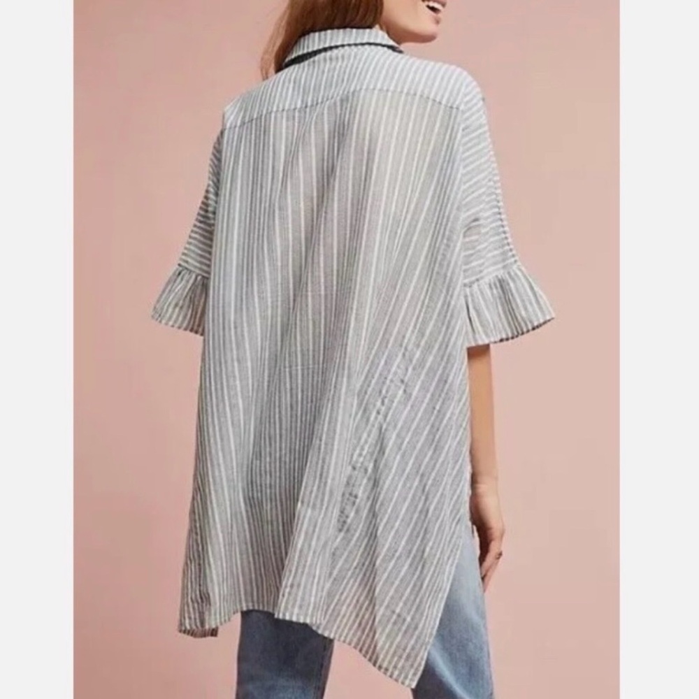 Anthropologie Gray Striped Floral Short Sleeve Oversized Buttondown Shirt L - Picture 7 of 13